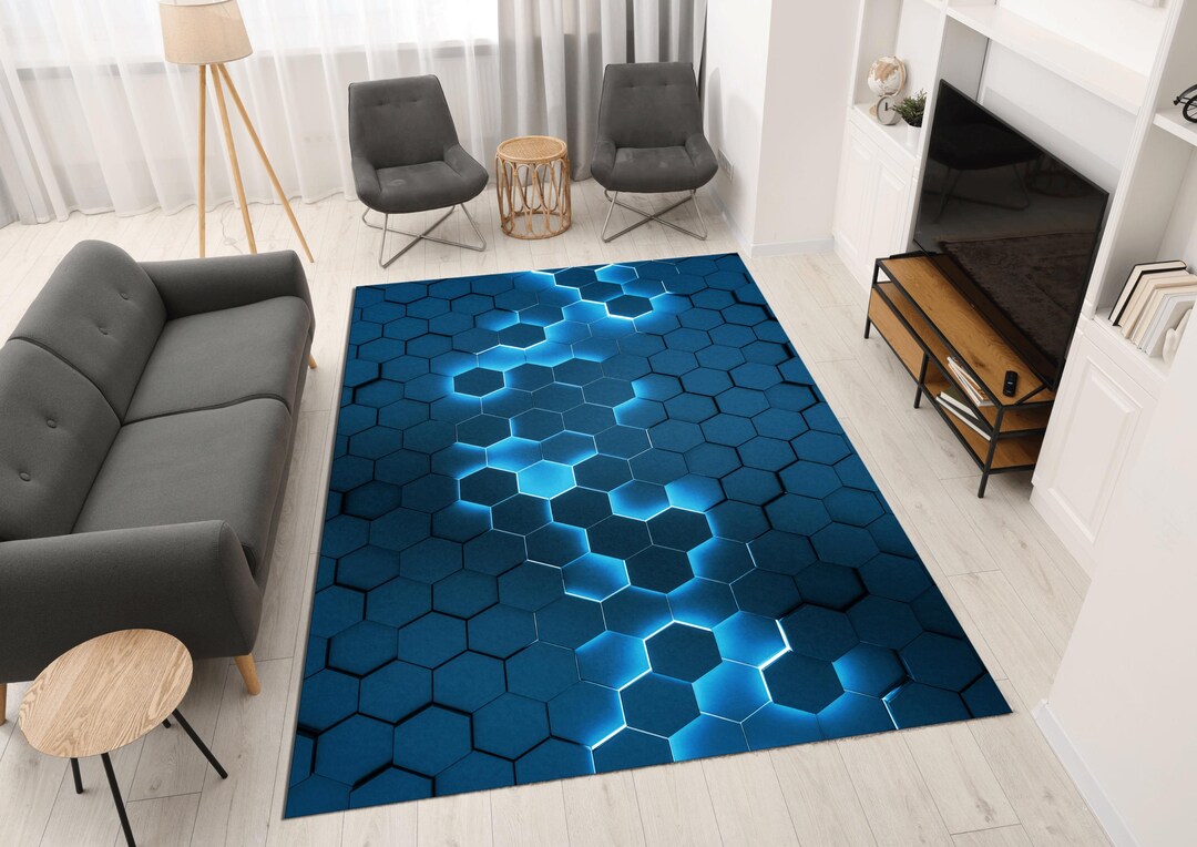 Noen Rug Blue Neon Lighted Block Patterned Carpet, Gamer Rugs, Live Abstract ...