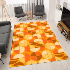 Checker Rug, Vintage 1970s Orange Rug, Checkerboard Rug, Orange Floral Retro Rug, Aesthetic Retro Rug, Tangerine Mid Century Rug, Orange Rug