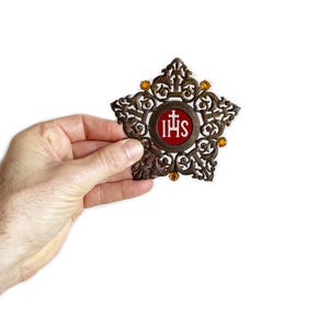 Antique Metal Star Reliquary, Tabernacle Cross, IHS, Worship, Alter, Liturgy Reliquary, Cross, Ritual Ceremony Religious Symbol, Devotional