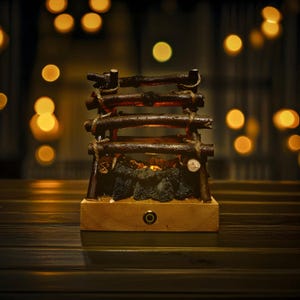 Puede incluir: Una pequeña chimenea decorativa hecha de madera y ramitas. La chimenea tiene una base de madera con un botón redondo y un efecto de brasas brillantes. El fondo está borroso con luces cálidas y desenfocadas.