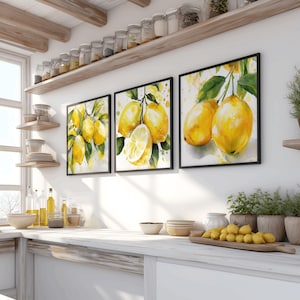 Zitronen Bilder 3er Set – Frische Küchen Deko im modernen Stil – Wandbilder mit Zitronen für Küche & Esszimmer quadratisch