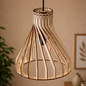 May include: A pendant light fixture featuring a light-colored wooden frame constructed from vertical slats that curve outward from a central cylindrical top. The structure is suspended by a thin black cord and contains a central black light socket.