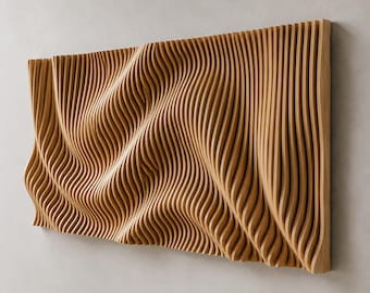 May include: A rectangular wall art piece constructed from numerous vertical light brown wooden slats. The slats are arranged to create a three-dimensional, undulating wave pattern that flows across the surface, providing a textured appearance.