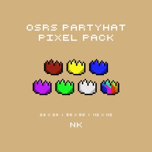 May include: A pixel art pack of party hats in various colors, including red, yellow, blue, purple, green, white, and rainbow. The text "OSRS PARTYHAT PIXEL PACK" is at the top of the image. The text "28 X 28 | 56 X 56 | 112 X 112" is below the hats. The text "NK" is at the bottom of the image.