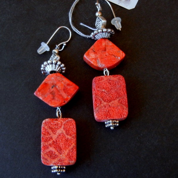 Long SPONGE CORAL STATEMENT Dangle Earrings  /  Hand made from Natural Stone / Clip Available / 2 1/2"