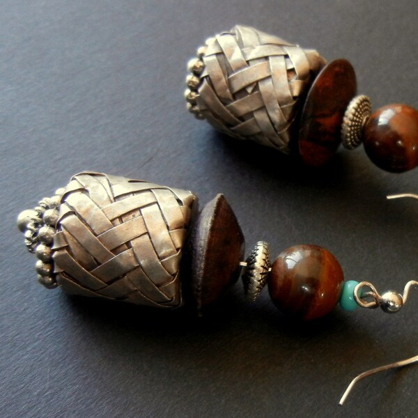 Dangle Earrings fabricated with Wood Ball and Disk ,Woven Silver bead, and Tibetan Silver Accents /   Clip Available