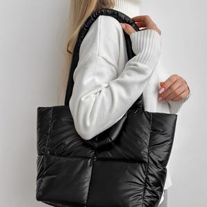 Soft Quilted Handbag, Women's Black Puffer Bag, Pillow Puffer Bag, Oversize Tote Shopper Bag, Crossbody Bag, Tote Bag, Waterproof Bag