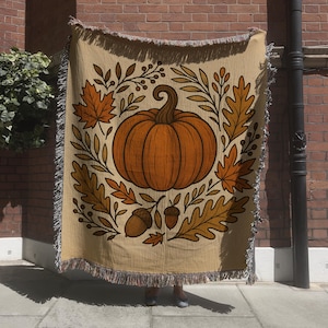 Pumpkin Woven Blanket, Fall Decor Throw with Acorns & Leaves, Rustic Farmhouse Autumn Blanket, Cozy Cotton Tapestry, Thanksgiving Gift