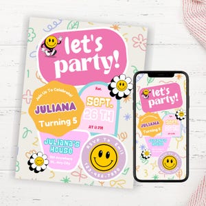 Editable Checkered Smile Face Birthday invite, Groovy Retro birthday, emoji invitation, Teen Party, Tween Birthday, Any Age Girl Birthday