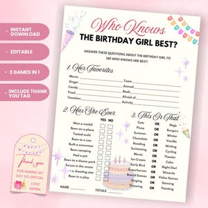 Wie kent de jarige het beste, bewerkbaar afdrukbaar roze verjaardagsspel, Teens Tweens Birthday Party Games, zou ze liever, quiz