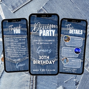 Videoinbjudan till denimfödelsedagsfest, animerad blå jeans-Evite: Anpassningsbar (digital nedladdning)