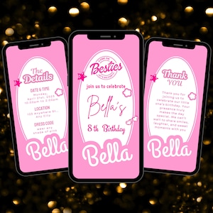 Animated Doll Party Invitation | Doll Birthday Party | Hot Pink Birthday Party Invitation | "Besties" Fashion Pink Doll Sparkle Birthday