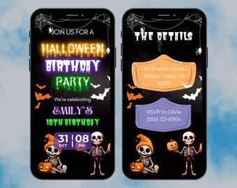 Editable Halloween Birthday Party Invitation, Kids Neon Glow Digital Animated Birthday Template