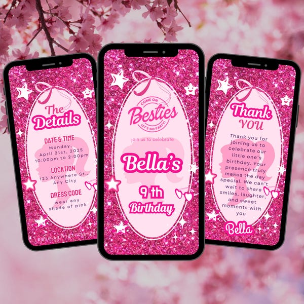 Animated Pink Doll Birthday Invitation: Sparkle Princess Party (Digital Download)