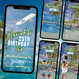 Può includere: Un invito digitale per un viaggio di compleanno di 25 anni in Giamaica. L'invito presenta un aereo che vola sopra una scena di spiaggia tropicale. Il testo sull'invito recita "Mariah's 25th Birthday Trip" e "We Are Going To Jamaica Jan 20th - JAN 25TH 2025".