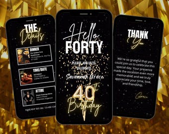 Hello Forty Invitation Glam Elegant Black & Gold Birthday, Customizable Photo, Animated Template