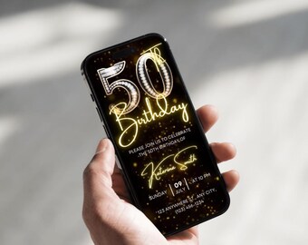 50th Birthday Invitation, Glam Black & Gold Sparkle, Animated Template