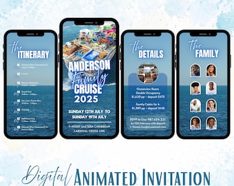 Family Cruise Itinerary Invitation, Animated Digital Travel Template, Ocean Blue Theme