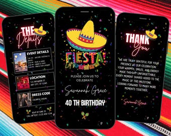 Puede incluir: Una invitación digital para una fiesta de cumpleaños número 40 con temática de fiesta. La invitación presenta un sombrero, confeti y el texto "Let's Fiesta!" y "Savannah Grace 40th Birthday".