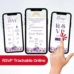 May include: A digital invitation for a Quinceañera, featuring a purple floral design and a gold crown. The invitation includes the date, time, and location of the event. The text on the invitation reads "Veronica & Miguel Martinez warmly invite you to celebrate the Quinceanera of their daughter Camila Martinez. April 25, 2026, 4:00 PM".