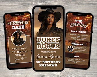 Dukes and Boots Birthday Invitation, Western Hoedown, Rustic Brown, with Photo, Animated Template