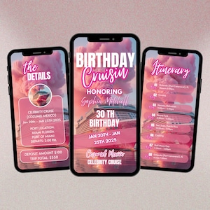 Cruise Birthday Trip Invite, Pink Tropical Animated Digital Itinerary Template
