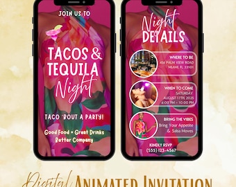 Tacos & Tequila Night Invitation, Taco and Margarita Party, Vibrant Tropical Colors, Animated Template