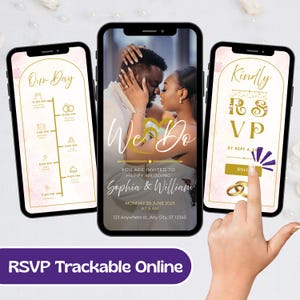 May include: A digital wedding invitation with a photo of a couple embracing. The invitation includes the couple's names, wedding date, time, and location. The invitation also includes a RSVP button and a countdown timer.