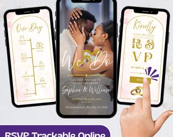 Elegant Gold Wedding Invitation, Web Digital Template with Clickable RSVP Link