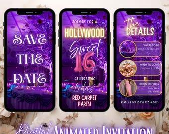Hollywood Sweet 16 Invitation, Purple Red Carpet Glam Theme, Animated Template