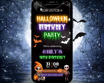 Halloween Birthday Party Invitation, Neon Glow Skeleton Kids Digital Animated Template