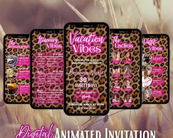Leopard-Druck-Geburtstags-Reise-Einladung, Hot Pink Urlaubs-Vibes animierte digitale Vorlage