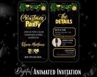 Animated Christmas Invitation, Digital Holiday Party Evite, Xmas Celebration Template, Self-Editable Gold Christmas Invite