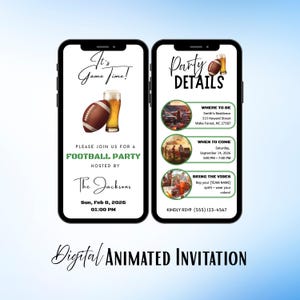 May include: Digital animated invitation for a football party. The invitation features a football and a beer mug graphic. The details include the date, time, and location of the party. The invitation is hosted by The Jacksons.