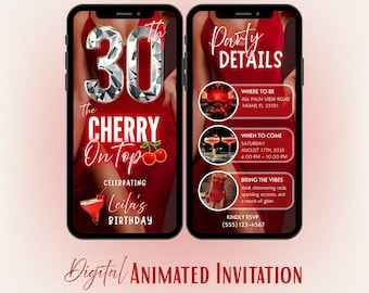 Invito per il 30° compleanno, tema Cherry On Top, invito animato Red Glam, modello digitale