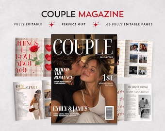 Puede incluir: Una plantilla de revista digital titulada COUPLE MAGAZINE con 66 páginas editables. La portada muestra una fotografía de una pareja con el texto BEHIND THE ROMANCE, 1ST ANNIVERSARY EDITION y EMILY & JAMES. Incluye diseños de páginas interiores.