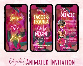 Tacos & Tequila Girls Night Invitation, Margaritas Fiesta Party, Vibrant Neon Pink Style, Ladies’ Night