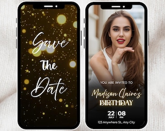 Save the Date Birthday Invitation, Elegant Black & Gold Sparkle, with Photo, Digital Animated Invitation