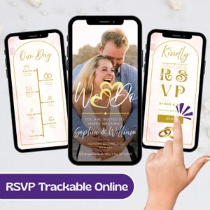 Puede incluir: Una invitación de boda digital con una foto de una pareja, una línea de tiempo del día de la boda y un botón RSVP. El texto dice "We Do" y "Sophia & William".