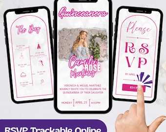 Pink Quinceañera Invitation, Web Digital Template with Clickable RSVP Link