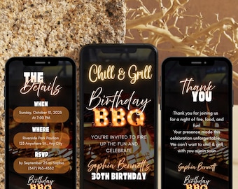 May include: Three phone screen mockups with a birthday BBQ theme. The first screen shows the details of the event, the second screen is an invitation to a chill and grill birthday BBQ, and the third screen is a thank you message for attending the event. All three screens feature a background image of a fire pit with flames.