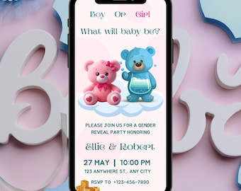 Boy or Girl Gender Reveal Invitation, Editable Animated Teddy Bear Baby Shower Video