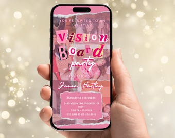 Vision Board Party Invitation, Pink Scrapbook Theme, Girls Night Event, Digital Template, Editable Canva