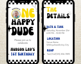 Animated One Happy Dude First Birthday Invitation With Picture, editable Electronic Cool Boy 1st Birthday Party Invite Mobile Template