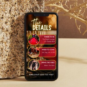 May include: A smartphone displays an event invitation with the text "The Details." The invitation includes details for a black-tie event, including the location, date, time, and RSVP information. The background is a blurred image of a red carpet.