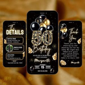 Invitation de fête d'anniversaire 50e, modèle d'invitation de dîner glamour numérique noir or 50e, itinéraire de brunch vidéo modifiable en diamant