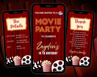 Movie Birthday Party Invitation. Digital Animated Movie Theater Invite for a Boy or Girl. Cinema Showing eVite. DIY Editable Template.