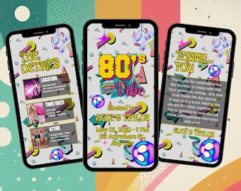 Uitnodiging jaren 80 sfeer Themafeest jaren 80, retro neonontwerp, geanimeerde sjabloon