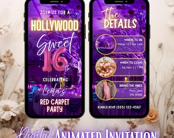 Sweet 16 Invitation, Hollywood Glam Purple Luxe Theme, Digital Invite, Animated Template