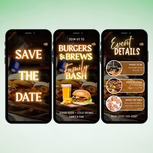 Burgers & Brews Family Bash Invitation, Save Date BBQ Celebration, Dark Modern Glow, Editable